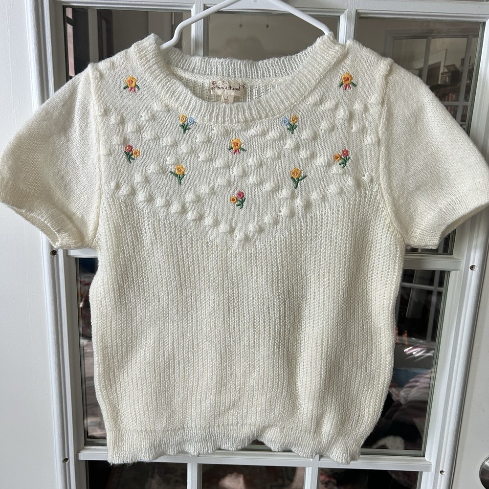Hem & Thread Cream Embroidered Floral Popcorn Knit‎ Sweater Fairy Cottage